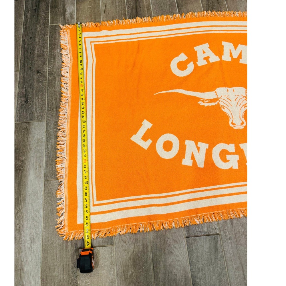 Camp Longhorn Longhorn Logo Woven Fringe Blanket Throw Orange 46x70 Texas Retro - Picture 2 of 8